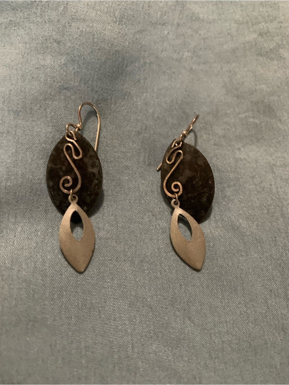Vintage Far Fetched Black and Silver Leaf Accent Drop Earrings